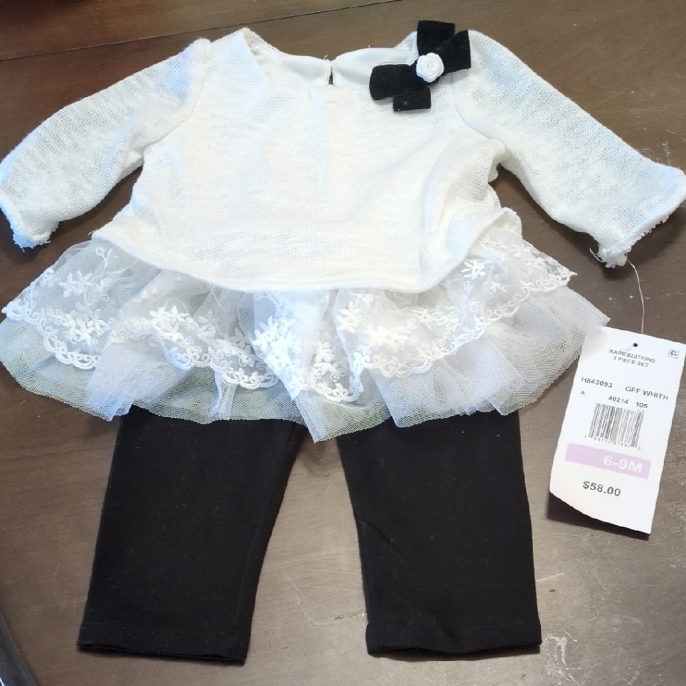 Rare Editions White Knit Dress With Lace And Black Leggings, 6-9M NWT
